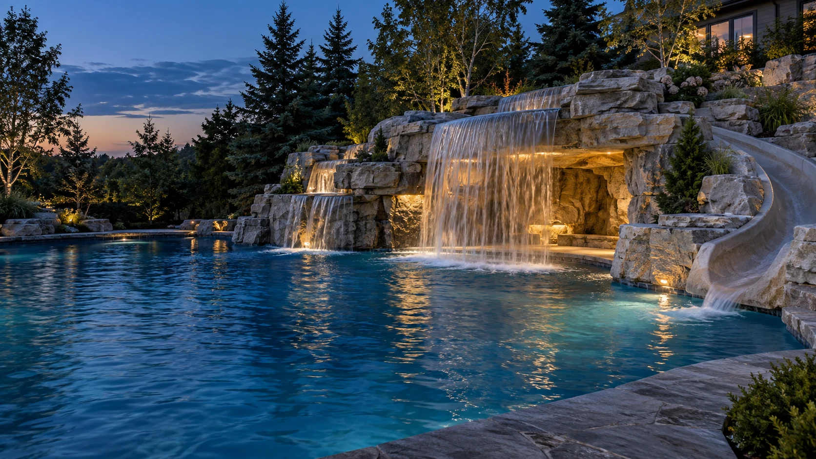 Design concept of a hand-sculpted rock waterfall, grotto and slide beside a pool at dusk